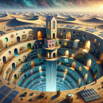 The primary subject of the image is a large, intricate, and colorful underground structure, which appears to be a house or a building. The setting is an underground cave, and the visual style is a combination of digital art and illustration. The colors and mood of the image are vibrant and lively, with a sense of wonder and imagination.
